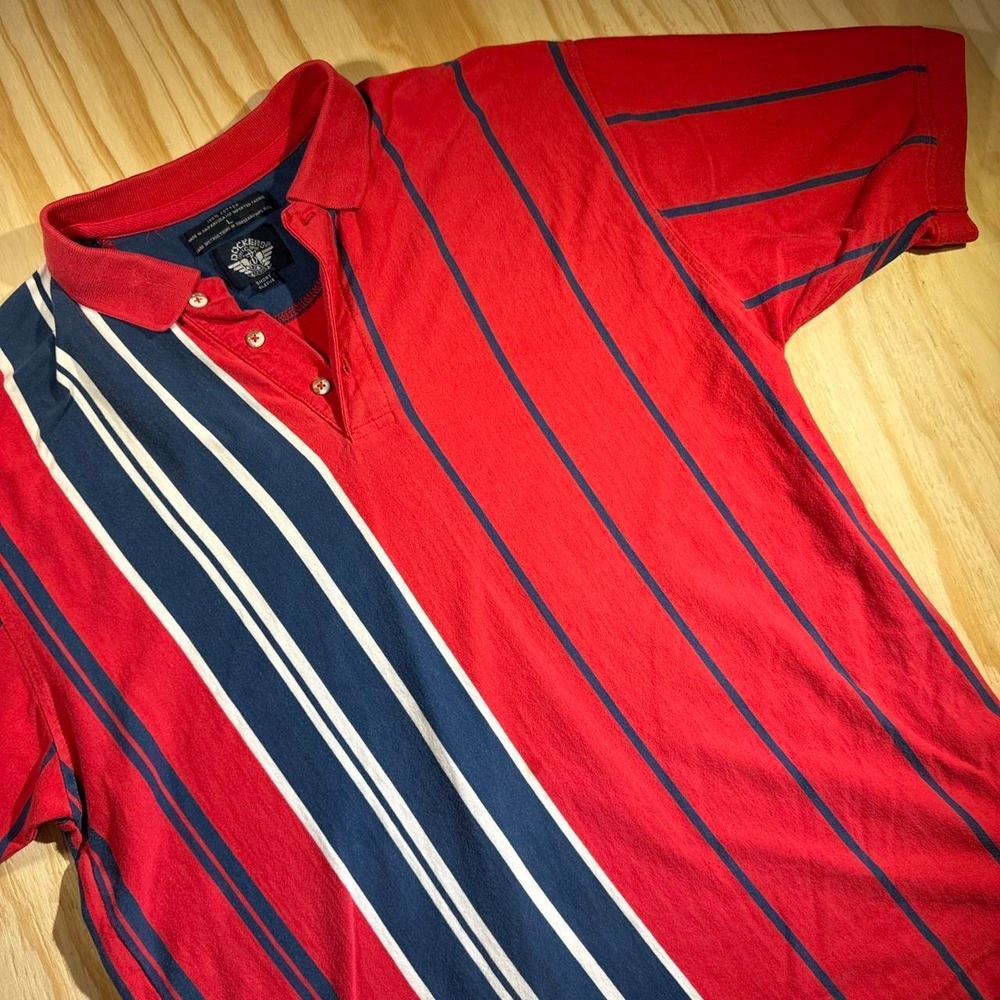 Dockers Mens Large Red Navy White Vertical Stripe Short Sleeve Polo Shirt Cotton